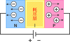 图 - 反向电压：接合P层和N层，则空穴与电子结合，在界面形成电气特性为中性的耗尽层。