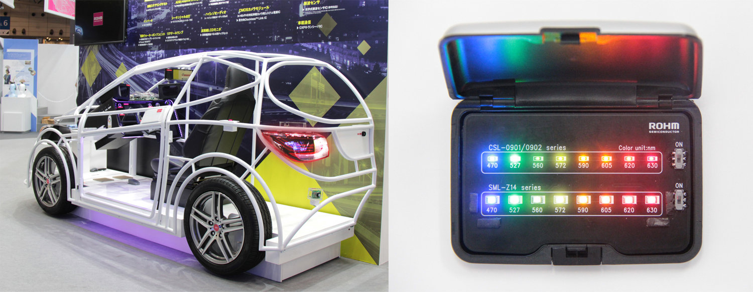 左图：用来介绍罗姆LED产品优势的汽车尾灯演示机。右图：凭借垂直统合型生产体制的优势，罗姆LED产品阵容强大，色彩丰富。